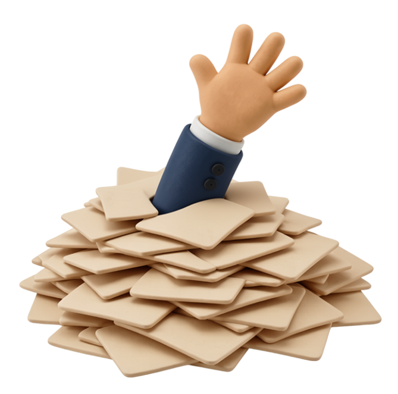 A 3D claymorphic style illustration features a stylized hand stretching upward from the center of a chaotic, towering pile of white documents and financial papers. The background is a clean, solid color that makes the playful, clay-textured elements stand out. The scene visually represents the feeling of drowning in messy financial paperwork and unorganized accounting books.